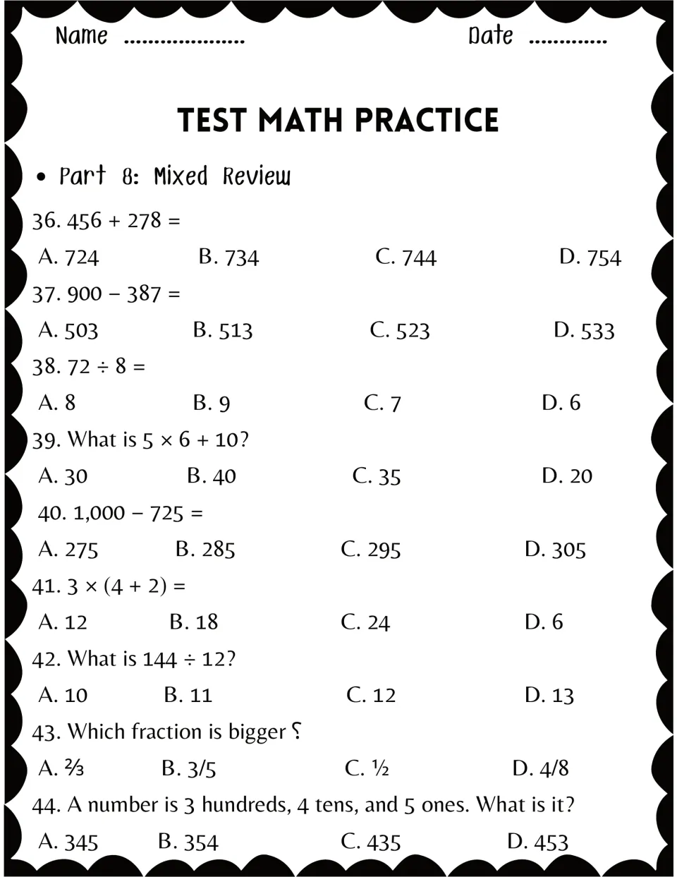 Part 8, mixed review: students solve 9 items on addition, subtraction, division, parentheses, fractions, place value