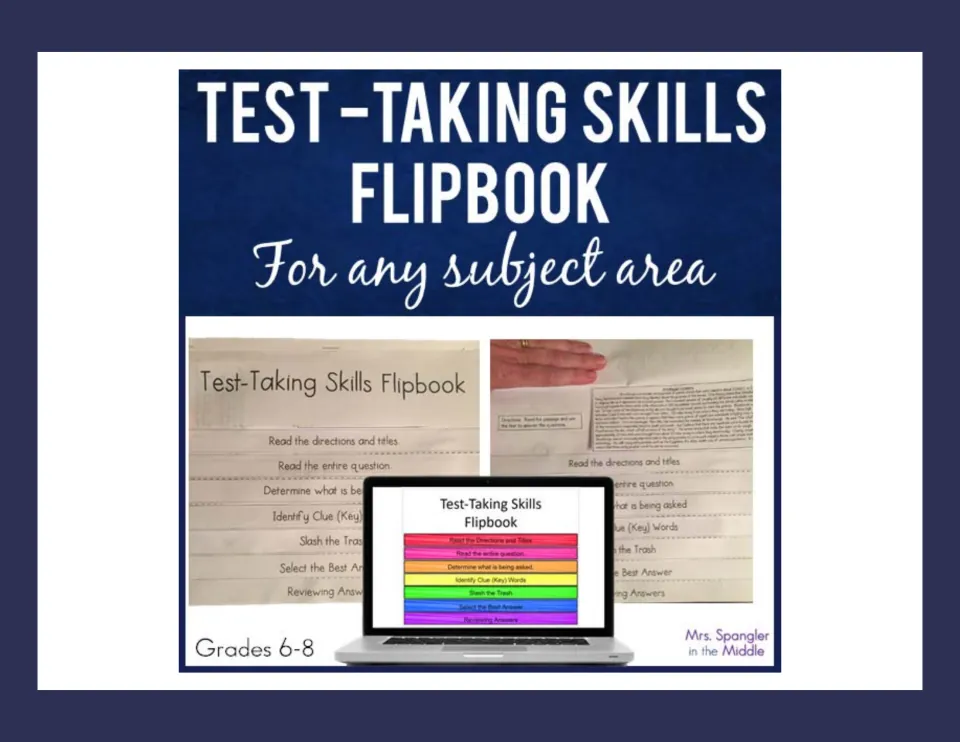 Test-Taking Skills Flipbook cover for any subject area, Grades 6-8, showing paper and digital flipbooks of test steps