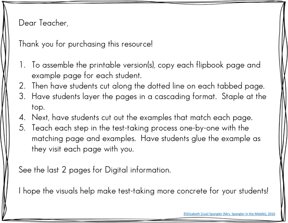 Teacher assembly directions: copy pages, cut along dotted lines, layer and staple tabs, glue matching examples per step
