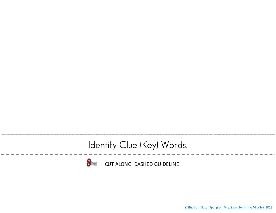 Flipbook layer tabbed 'Identify Clue (Key) Words.' where students glue an example showing the key words in a test question