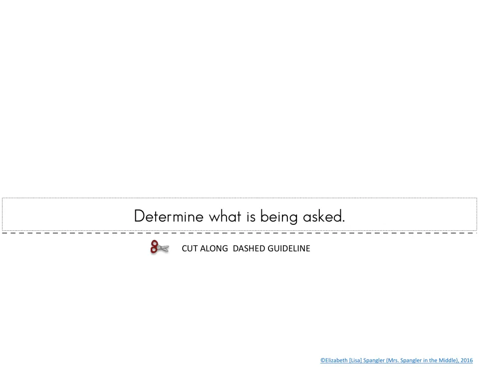 Flipbook layer tabbed 'Determine what is being asked.' with space to glue an example of restating the task