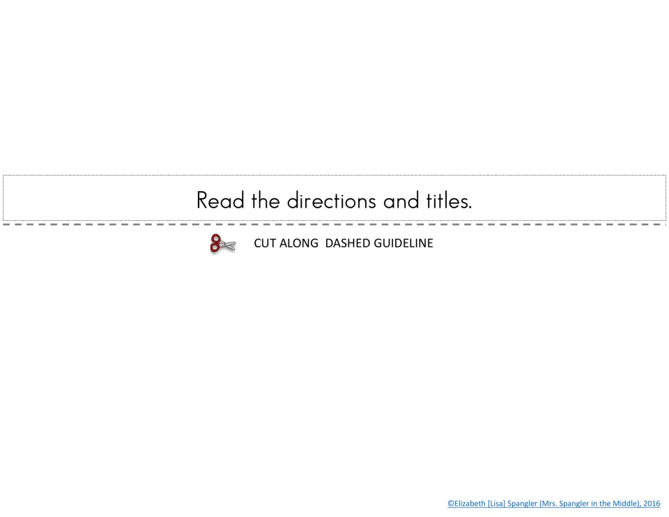 Flipbook layer tabbed 'Read the directions and titles.' where students glue the matching directions and passage example
