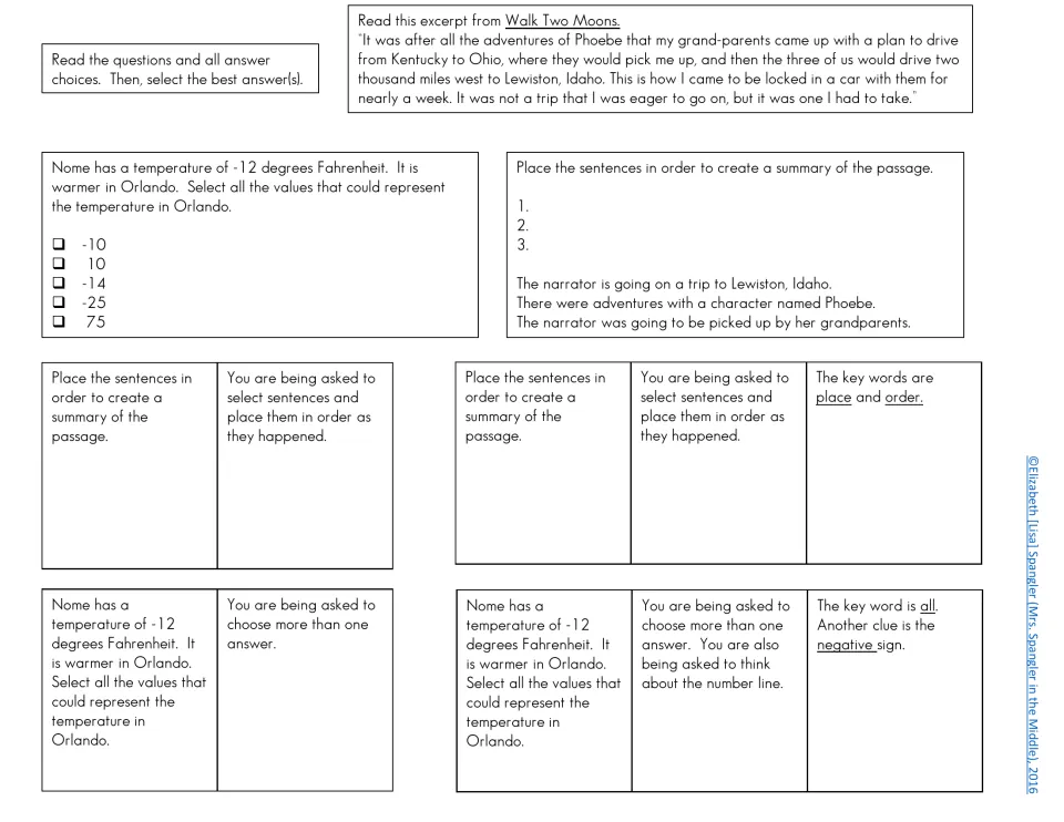 Example cut-outs: Walk Two Moons excerpt, summary ordering and a select-all Nome temperature question with key words