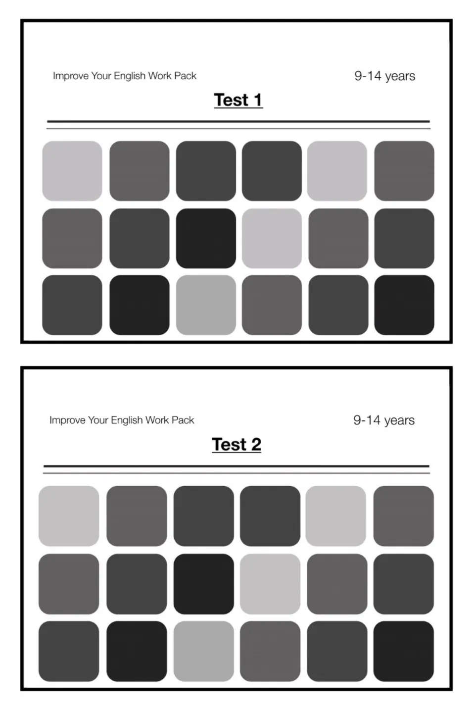 English work pack cover sheet featuring Test 1 and Test 2, both labeled for students ages 9–14 years