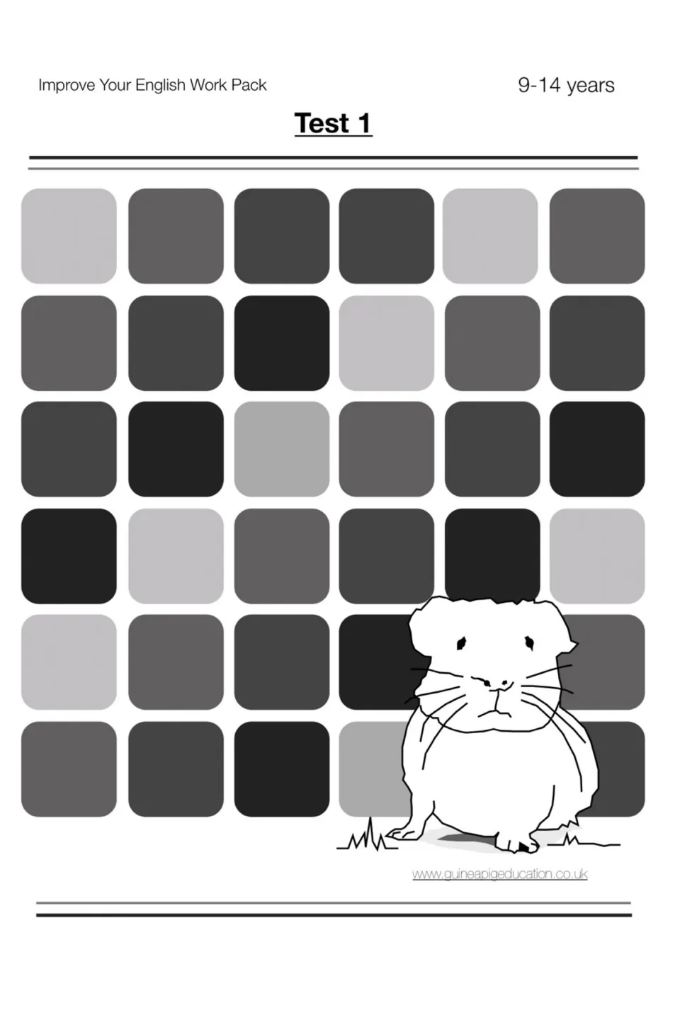 Test 1 cover for the English work pack, labeled for ages 9–14 and introducing the following exercises
