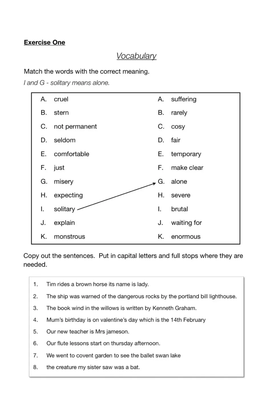Test 1 vocabulary matching includes solitary and alone, followed by eight capitalization and punctuation sentences