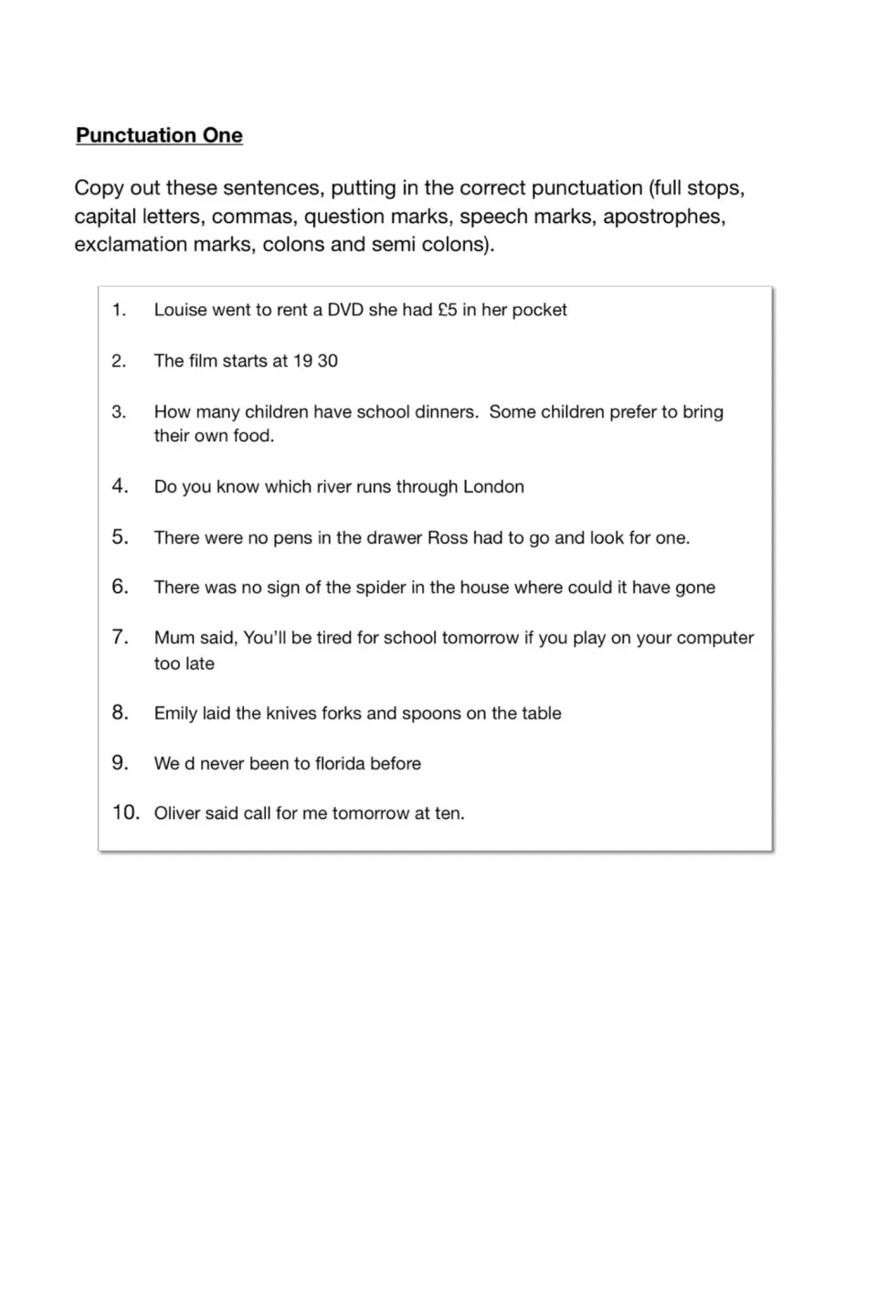 Test 1 punctuation exercise asks students to correct ten sentences, including dialogue and a film start time