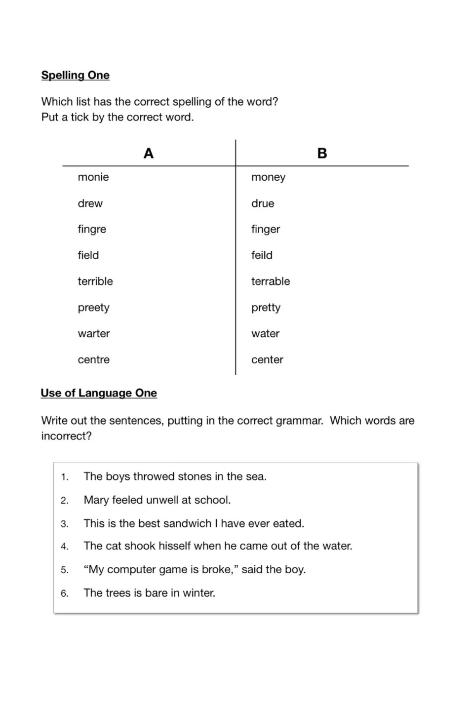 Test 1 spelling choices include money, drew, and finger; six grammar sentences require corrected word forms