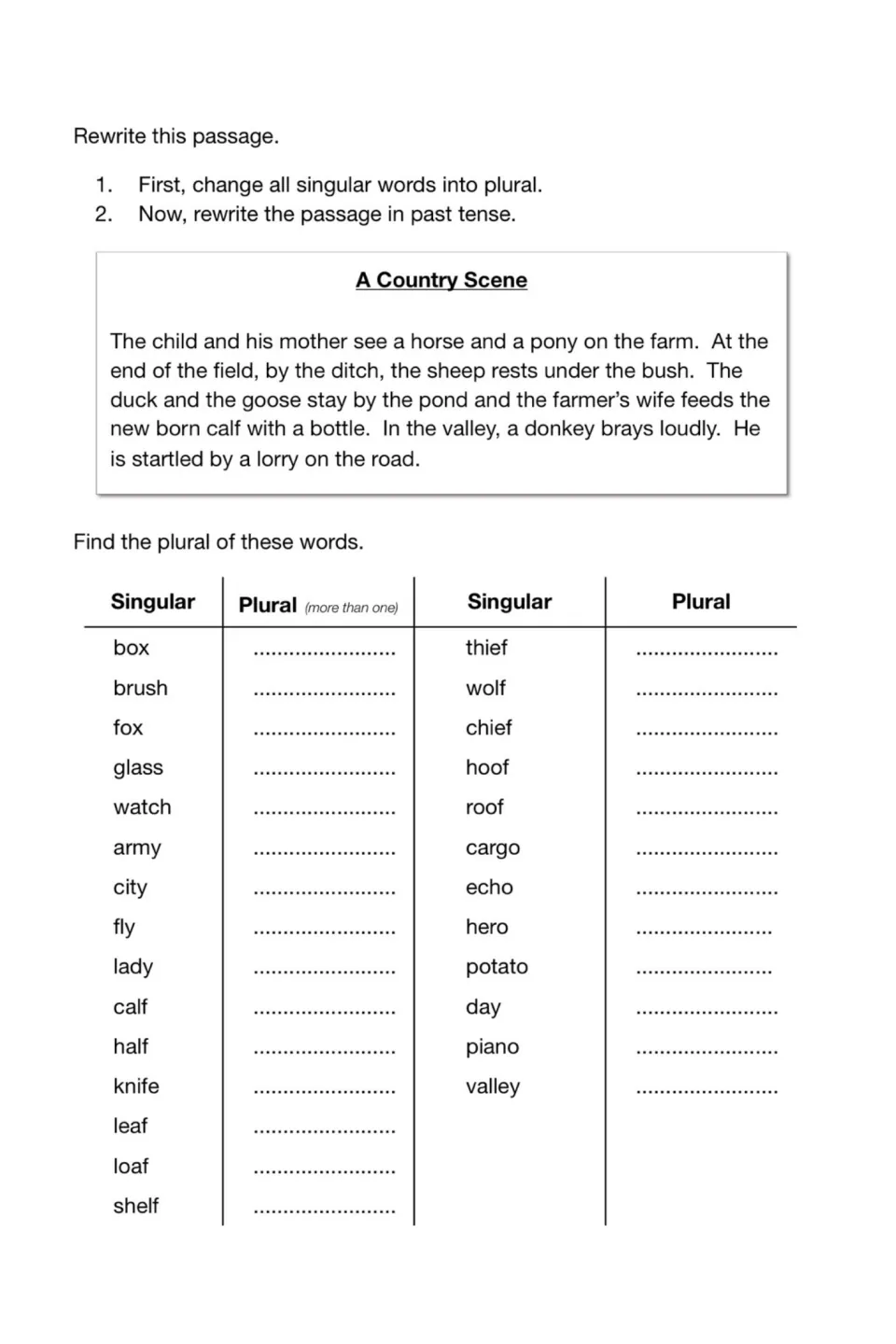 Test 1 asks students to rewrite A Country Scene using plurals and past tense, then form plurals of 27 nouns