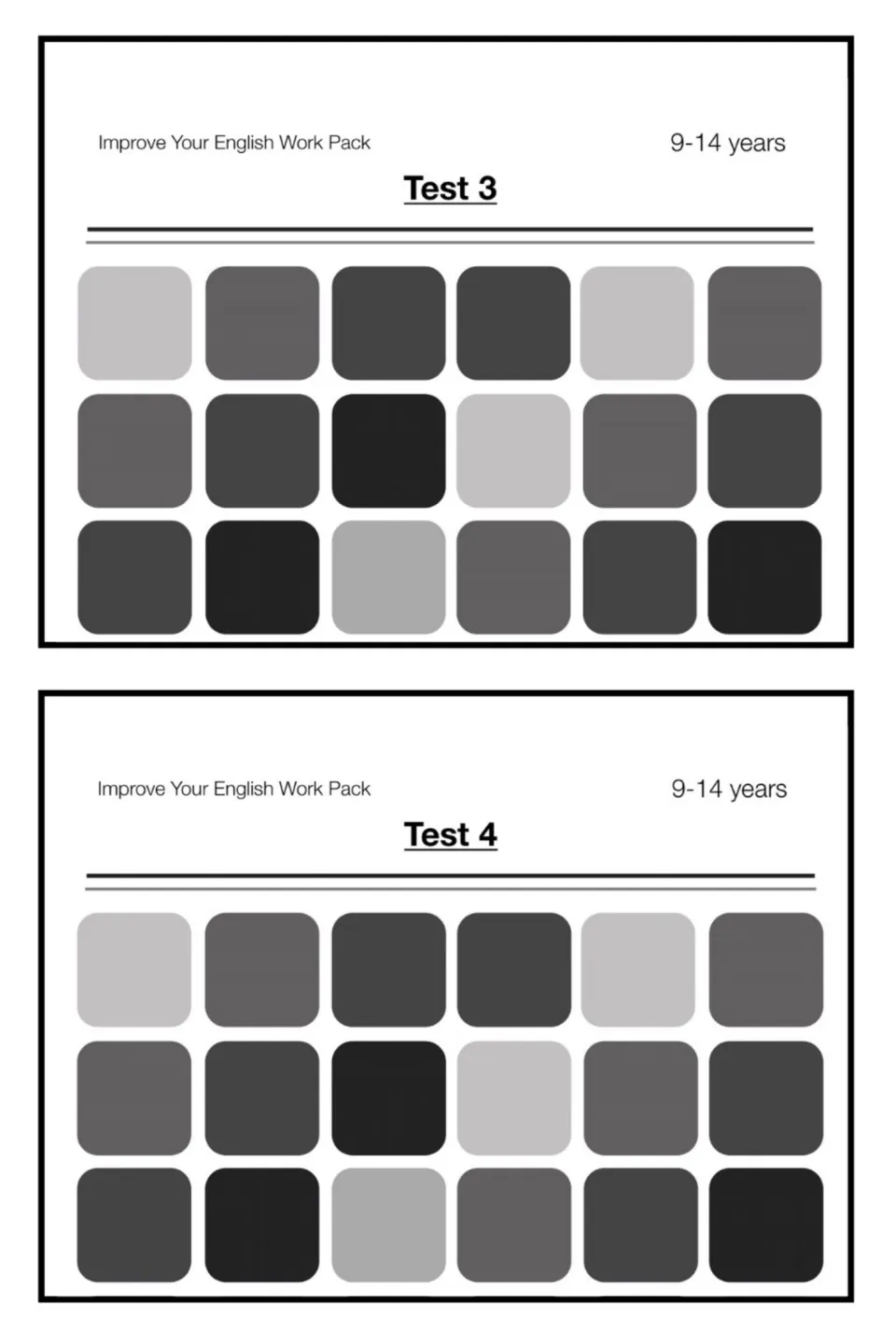 Improve Your English Work Pack covers for Test 3 and Test 4, ages 9-14, shown together as the product's two test booklets