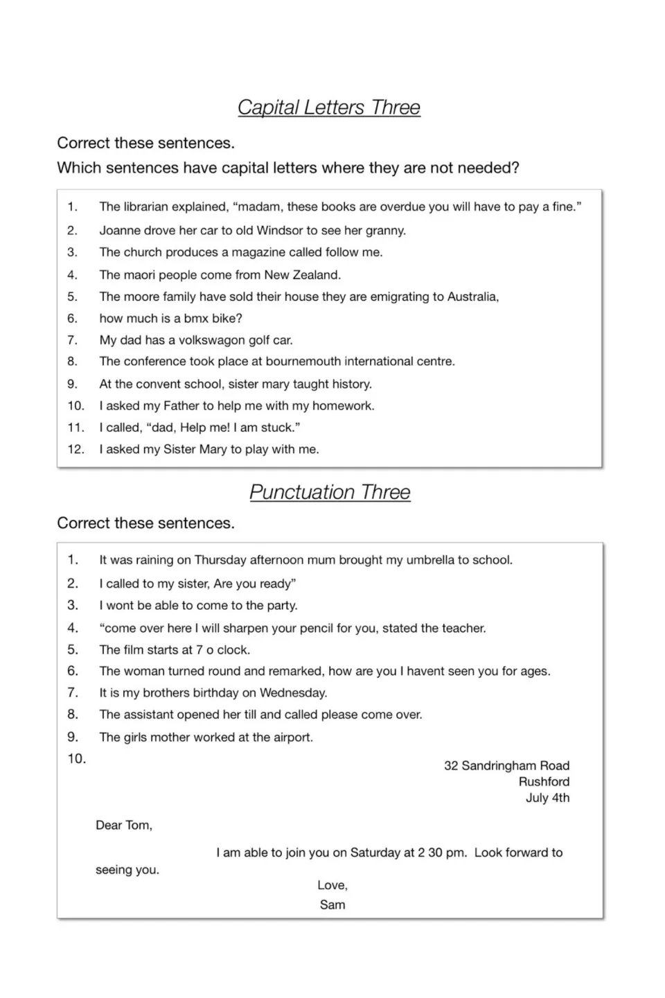 Capital Letters Three and Punctuation Three: correct capitals in 12 sentences, then fix punctuation and a short letter