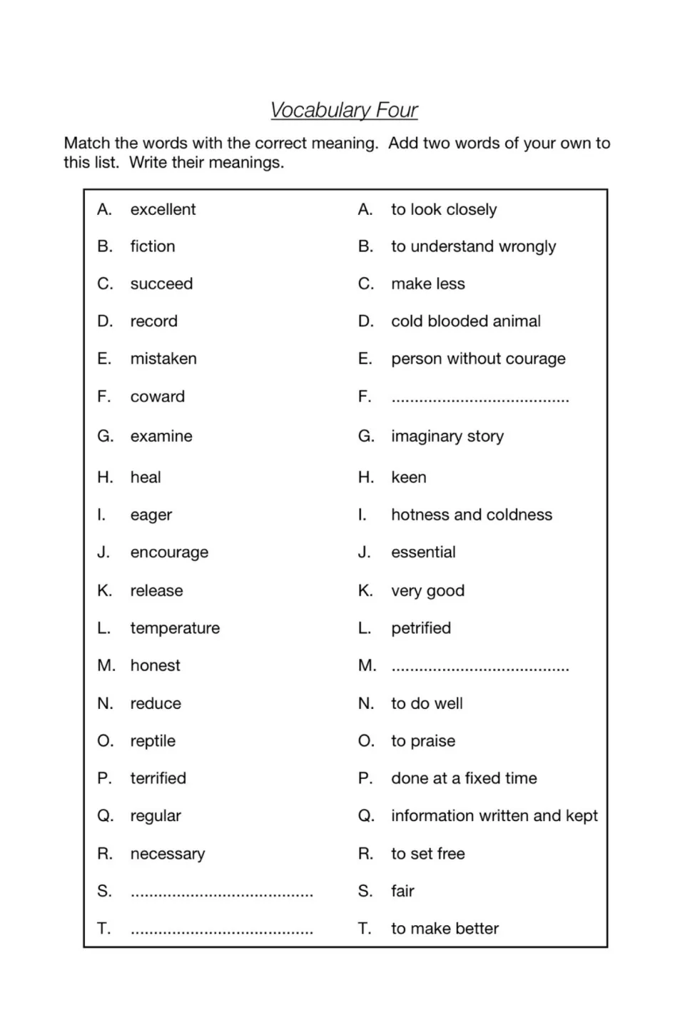 Vocabulary Four: students match 18 words like coward and reptile to meanings, then add two of their own