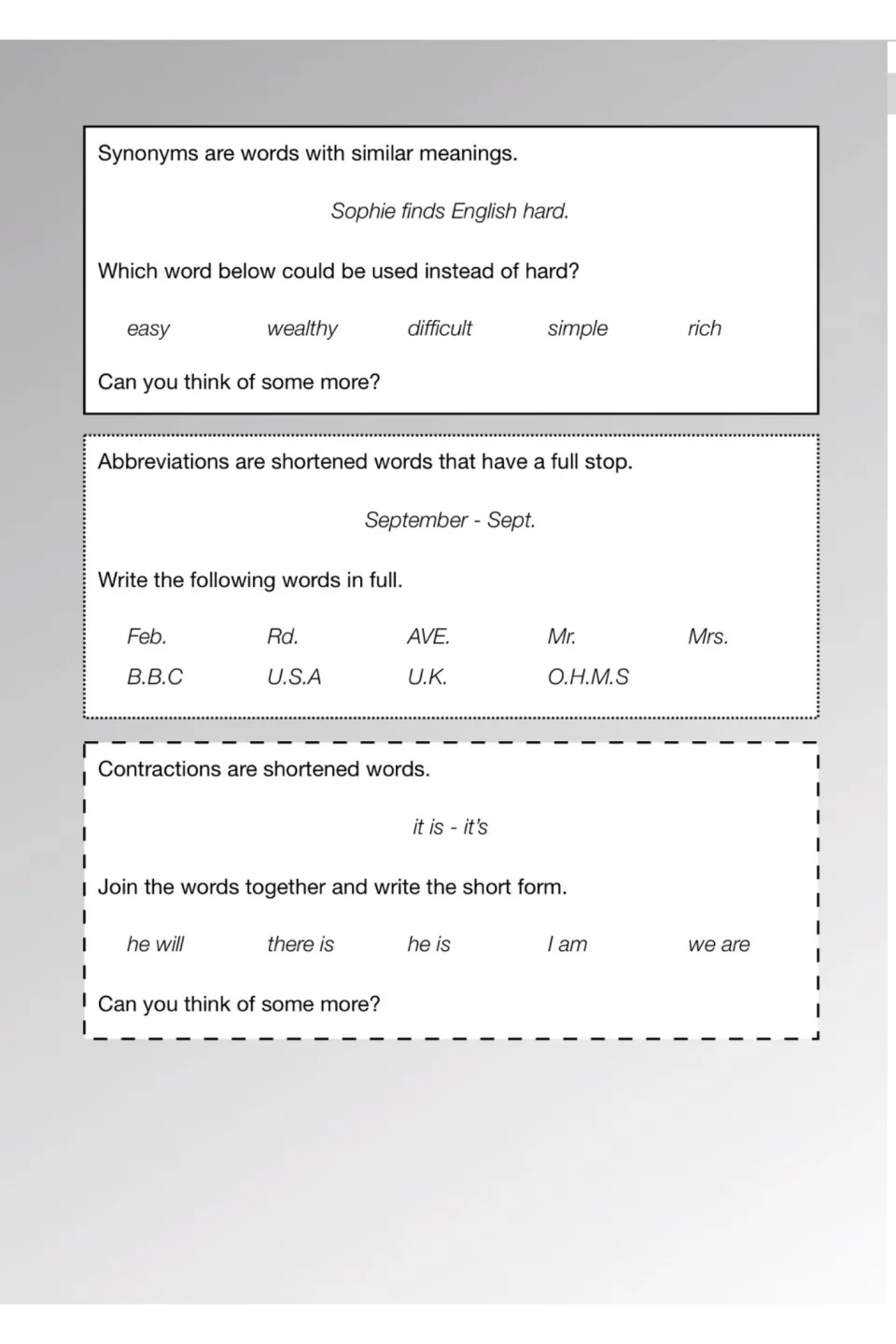 Synonyms, abbreviations and contractions: students replace hard, write Feb. in full and shorten he will
