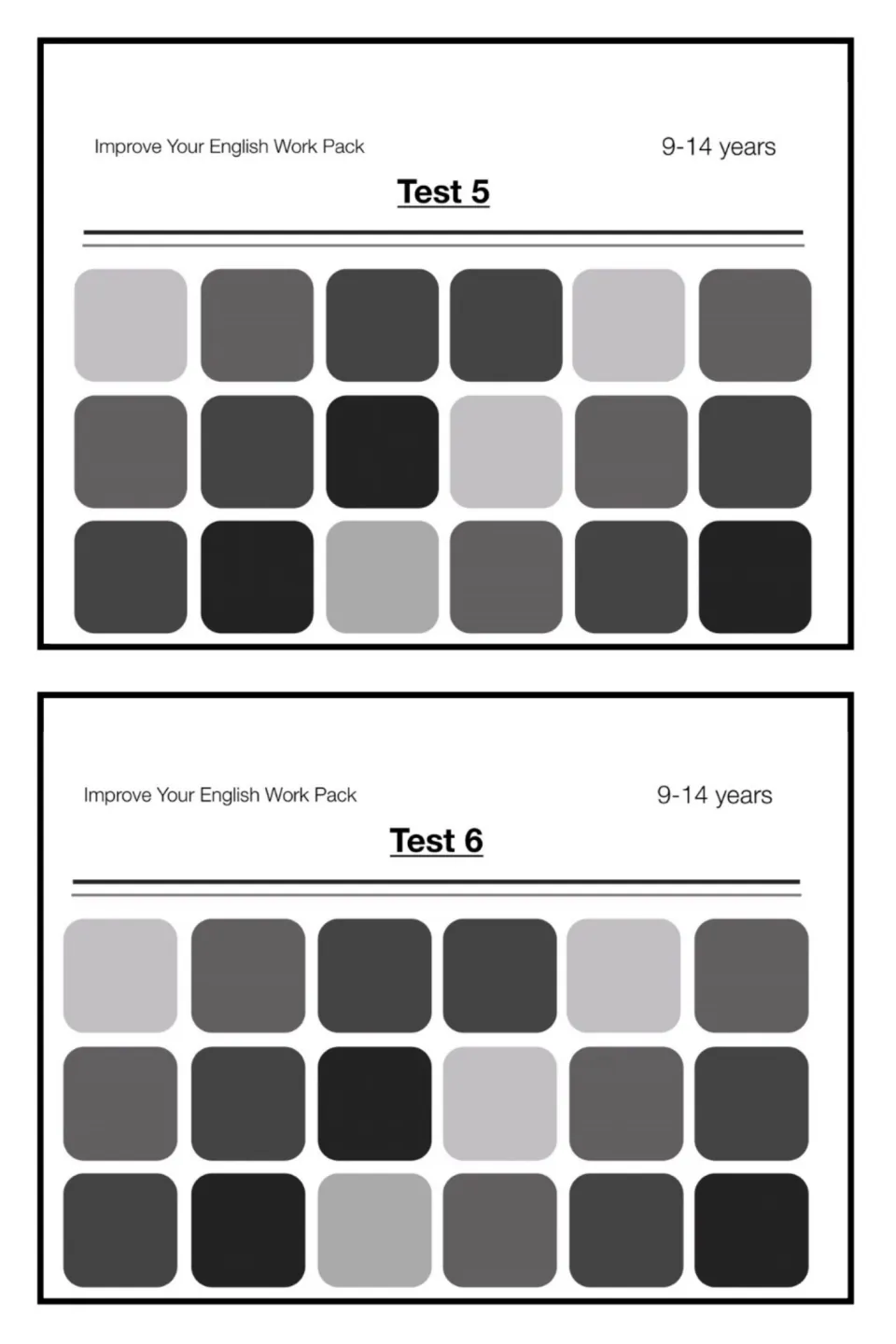 Improve Your English Work Pack covers for Test 5 and Test 6, ages 9-14, shown together above a block of grey tiles