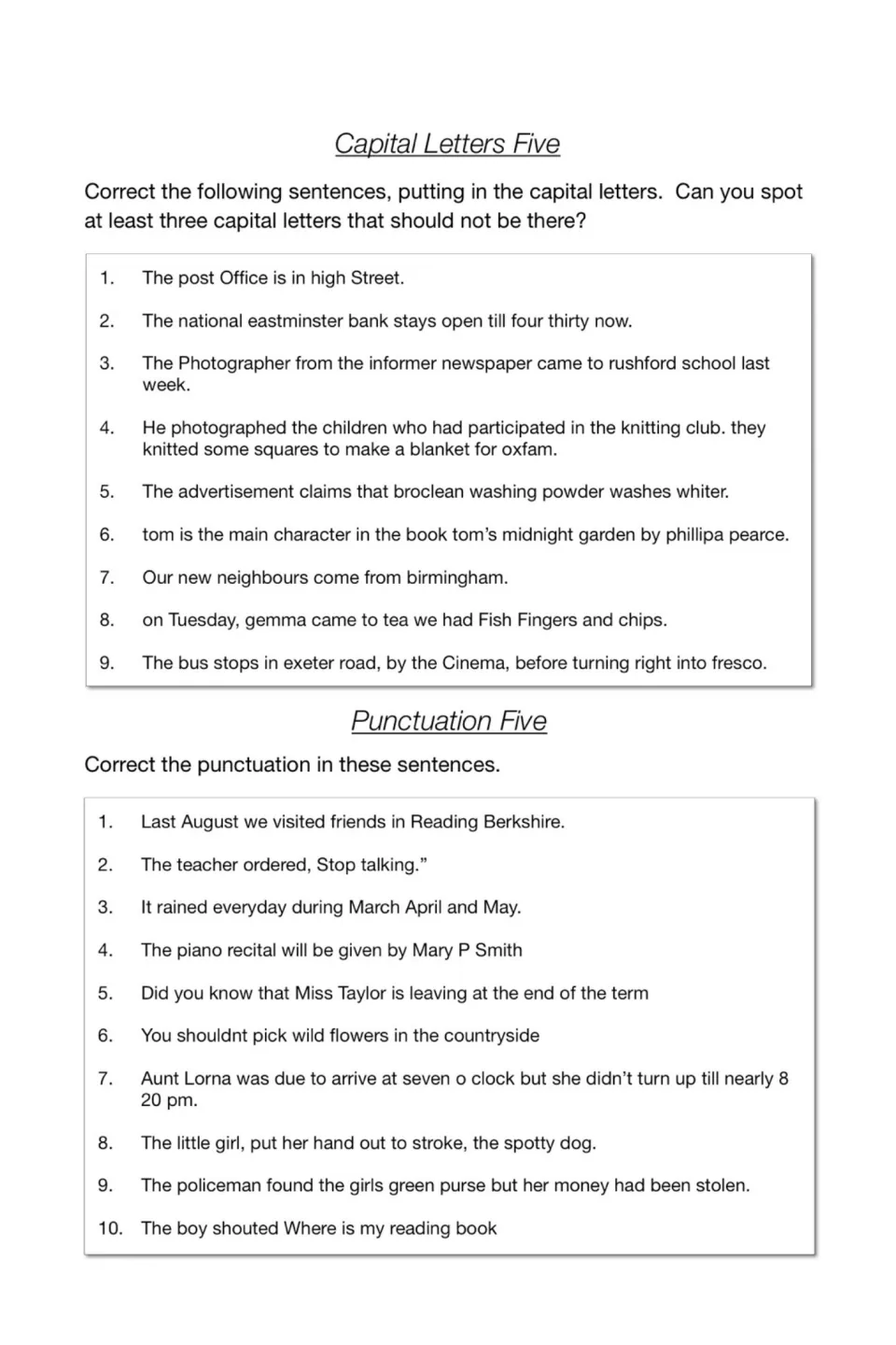 Capital Letters Five and Punctuation Five: students fix capitals in 9 sentences and correct punctuation in 10 more