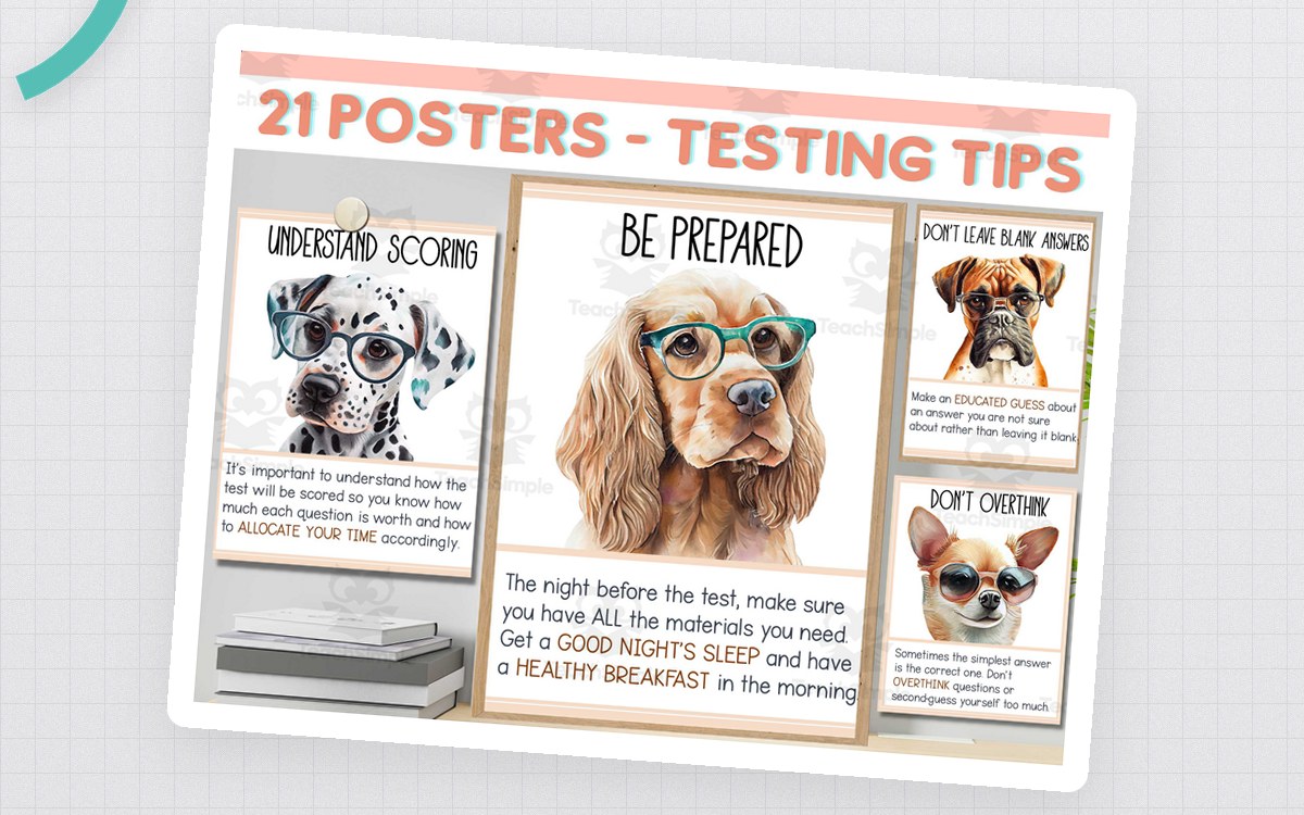 Testing Tips cover showing three dog-themed posters, including Understand Scoring, Be Prepared, and Don’t Leave Blank Answers.