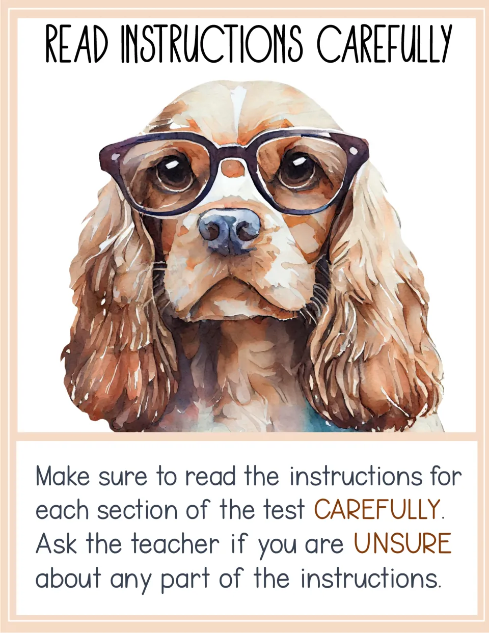 Read Instructions Carefully poster: a spaniel in glasses advises reading each test section's directions and asking if unsure