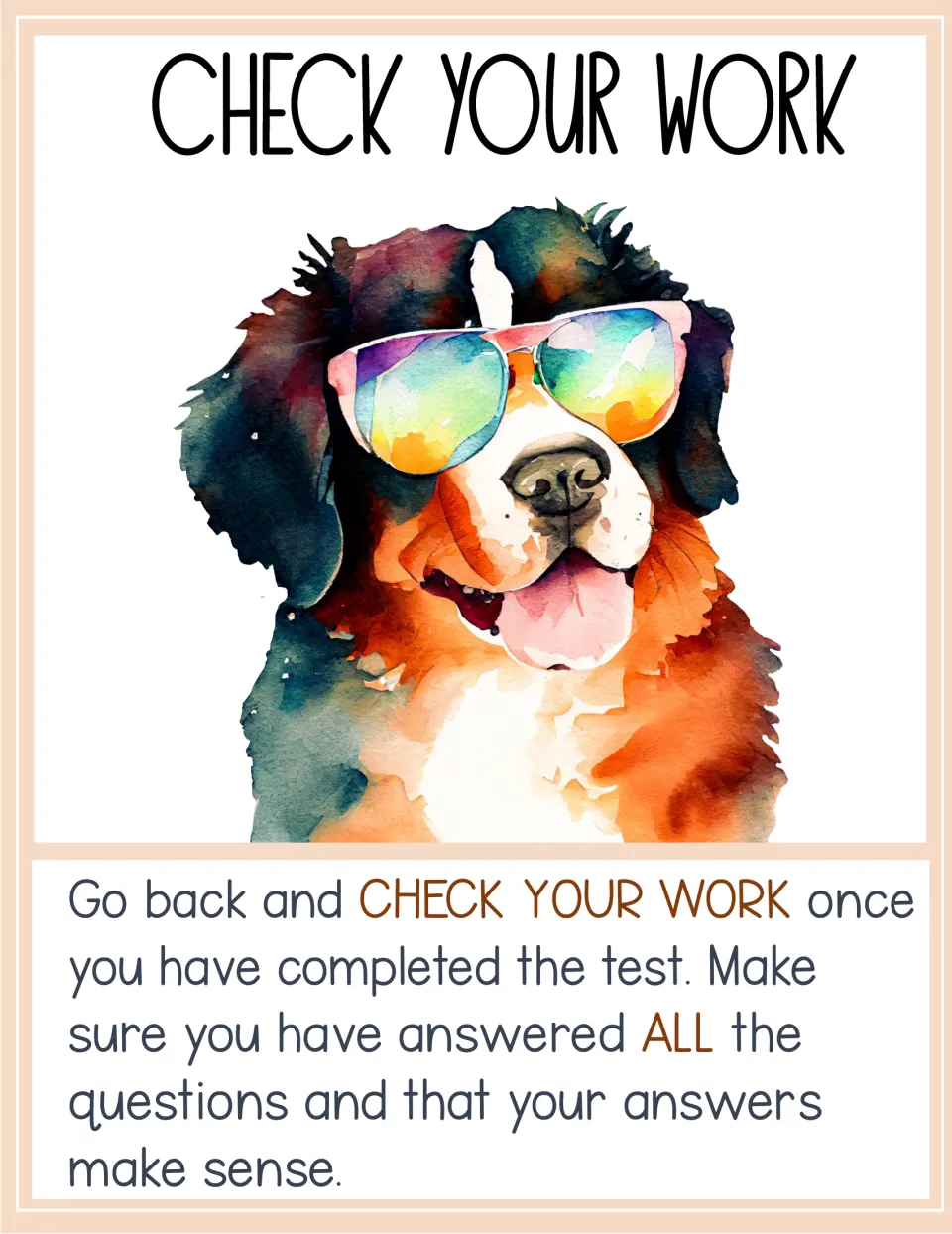 Check Your Work poster: a dog in sunglasses tells students to review the finished test and check every question is answered