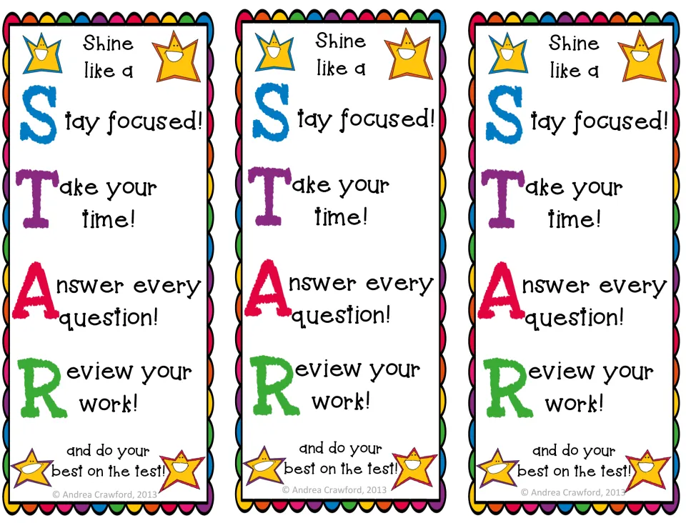 Three STAR acrostic bookmarks: Stay focused, Take your time, Answer every question, Review your work, with star clip art