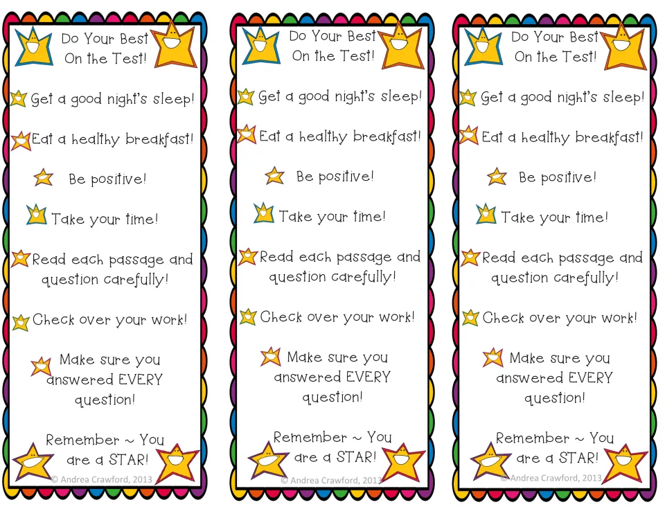 Three Do Your Best On the Test! bookmarks listing tips: sleep well, eat breakfast, be positive, read carefully, check work