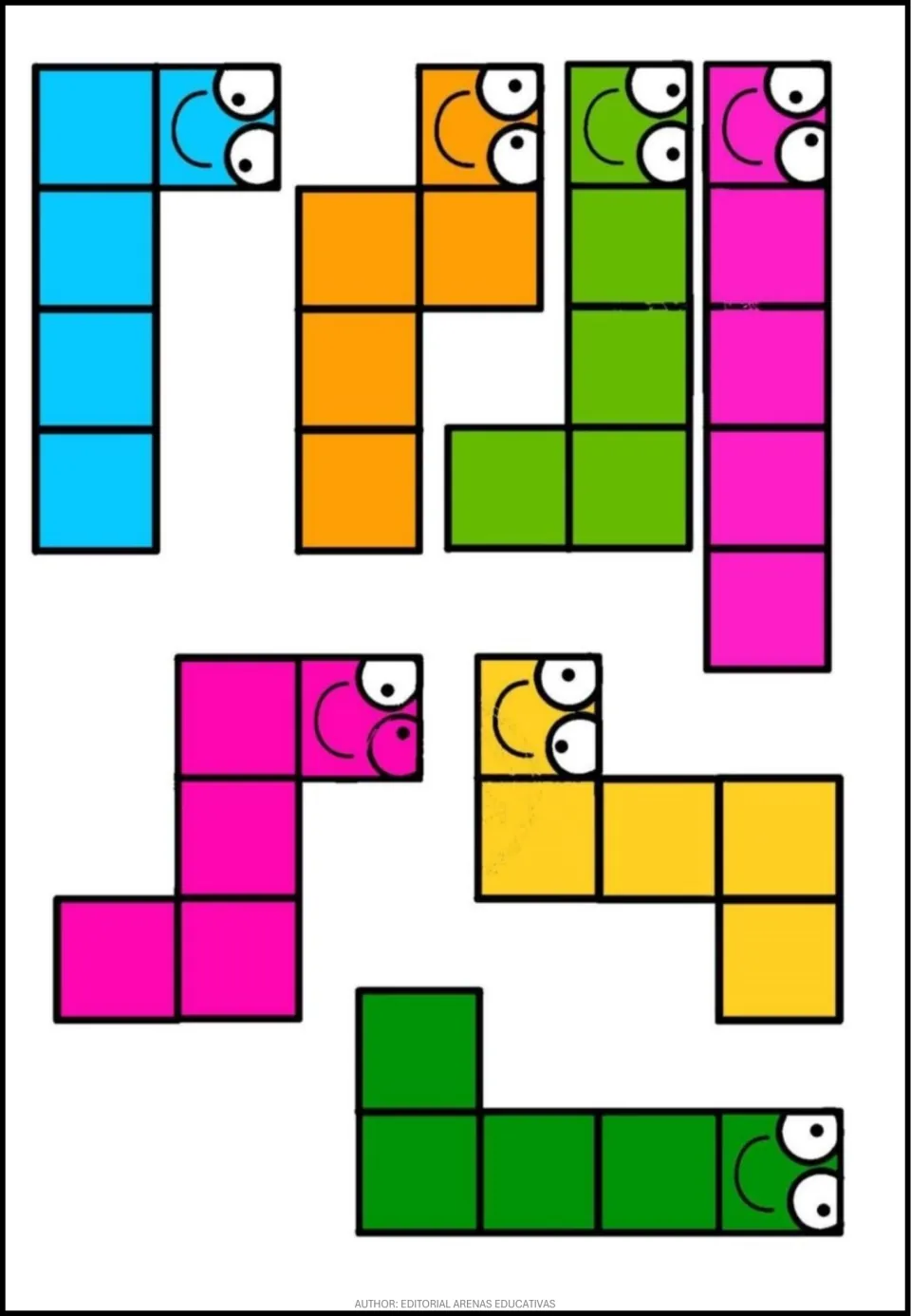 Puzzle piece sheet 1: seven five-square pieces in cyan, orange, lime, pink, magenta, yellow, and green