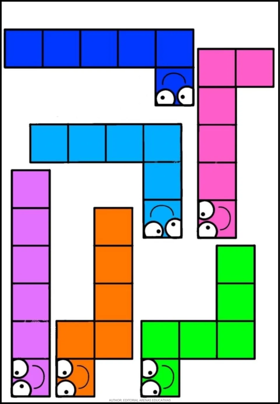 Puzzle piece sheet 2: six six-square pieces in blue, pink, cyan, purple, orange, and green, each with a face