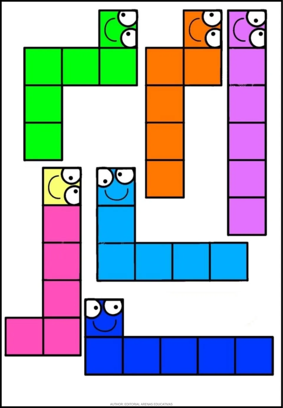 Puzzle piece sheet 3: six six-square pieces, including a straight purple piece and a pink piece with a yellow face