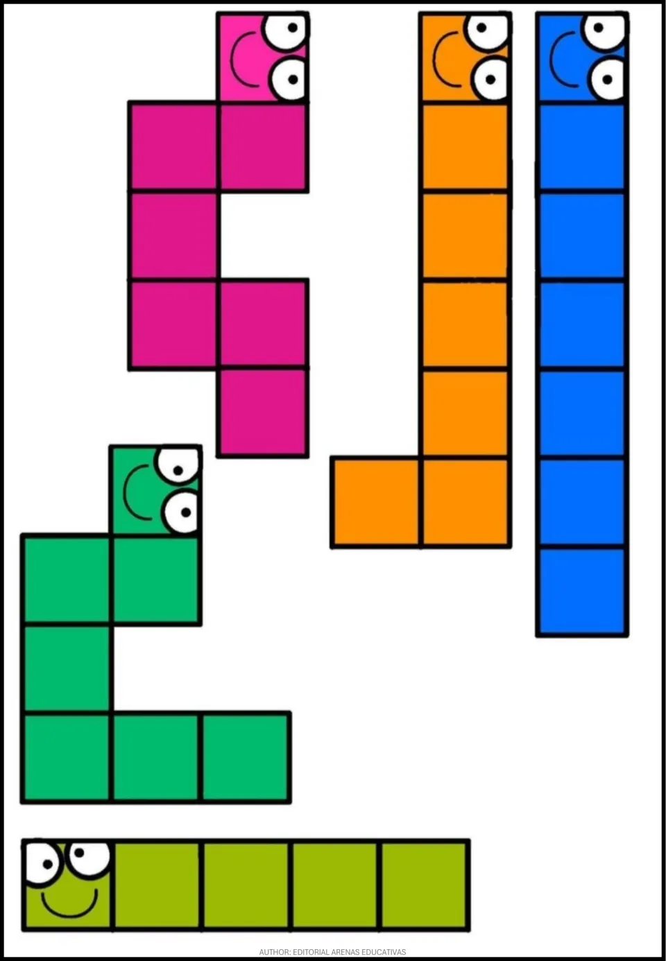 Puzzle piece sheet 4: five pieces in magenta, orange, blue, teal, and lime, including two straight pieces