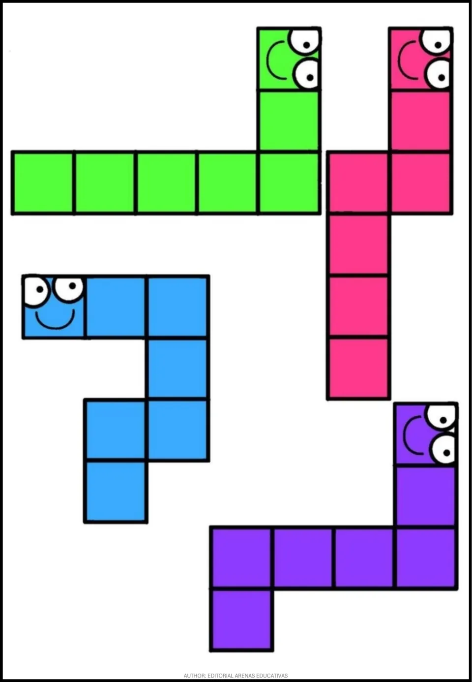 Puzzle piece sheet 5: four seven-square pieces in green, pink, light blue, and purple, each with bends