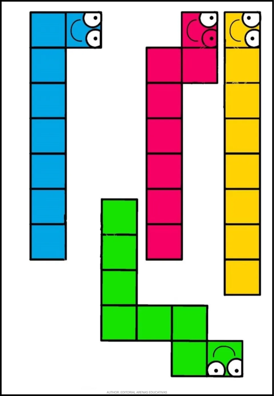 Puzzle piece sheet 6: four eight-square pieces in cyan, pink, yellow, and green, including a straight yellow piece