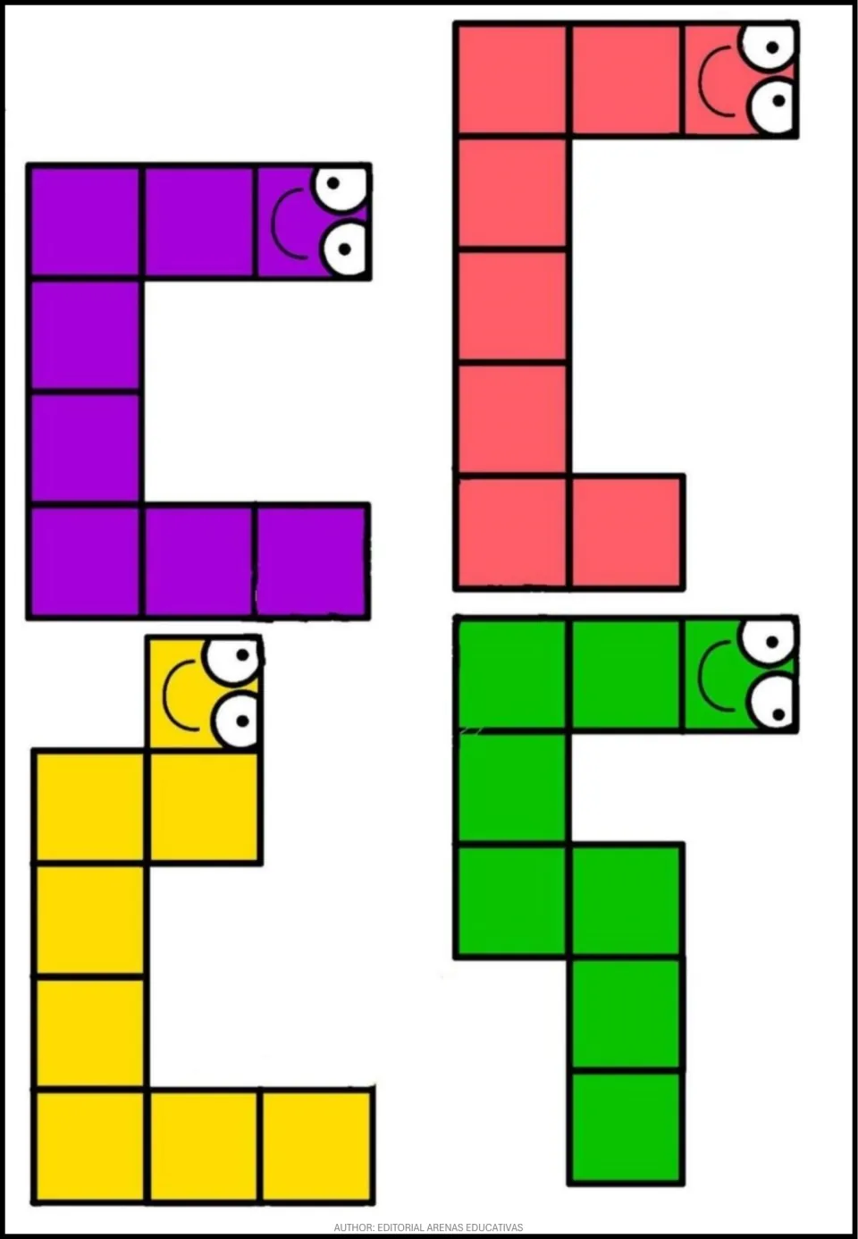 Puzzle piece sheet 7: four eight-square pieces in purple, coral, yellow, and green, each with multiple bends