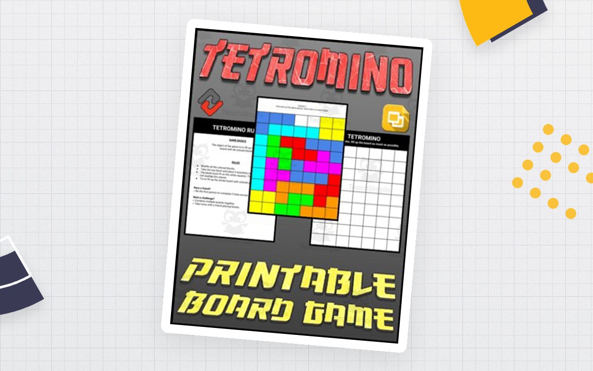 Black Tetromino Printable Board Game cover with a colored block grid, two worksheet previews, and a Google Slides icon.