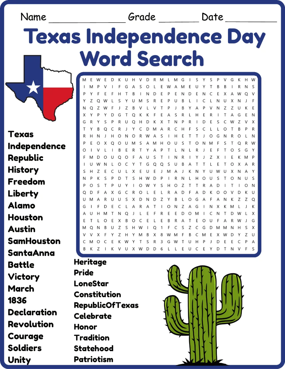 Texas Independence Day word search in color: students find 30 words like Alamo, Sam Houston, 1836 and Lone Star