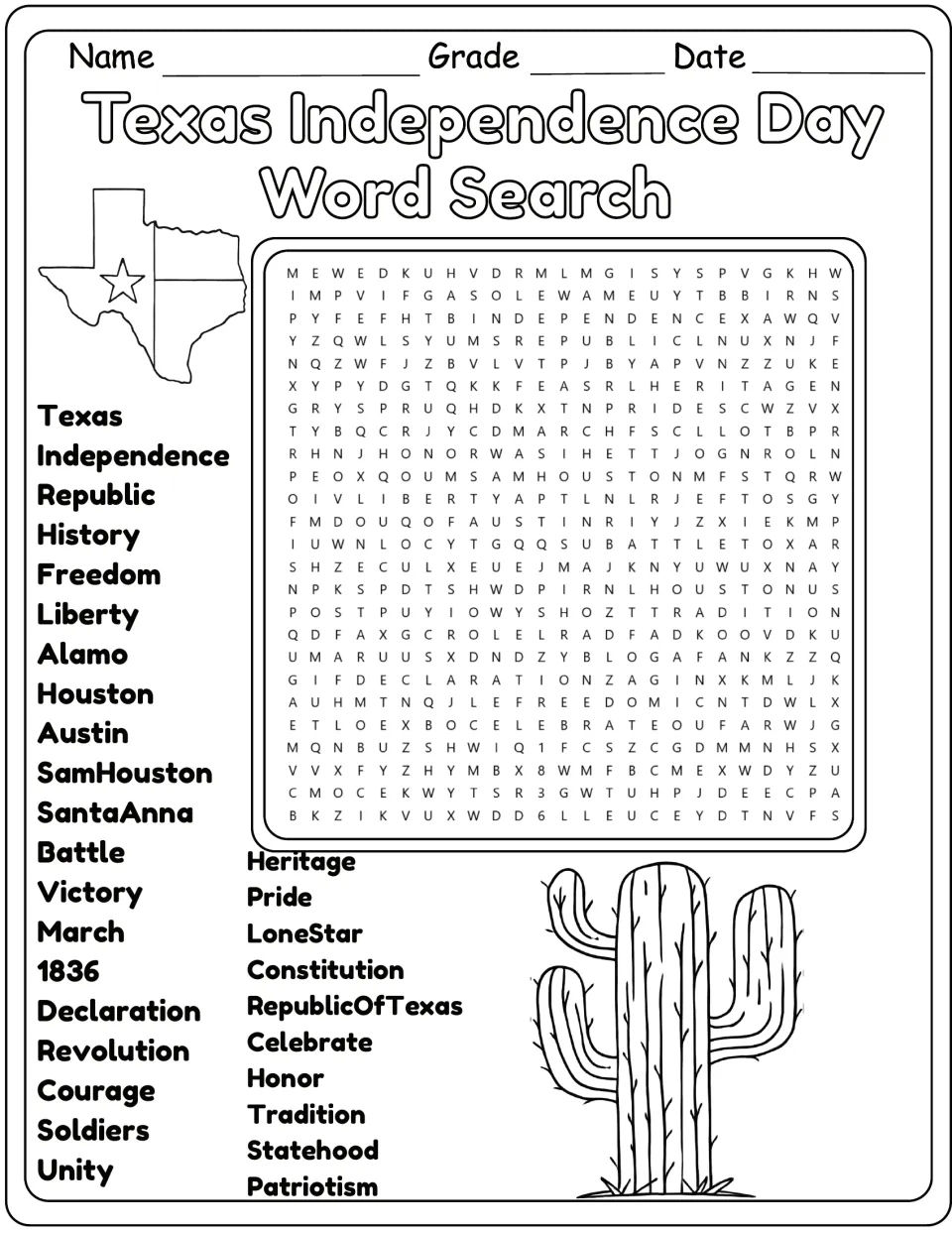 Texas Independence Day word search, black-and-white: students find Santa Anna, Revolution, Statehood and 27 more words