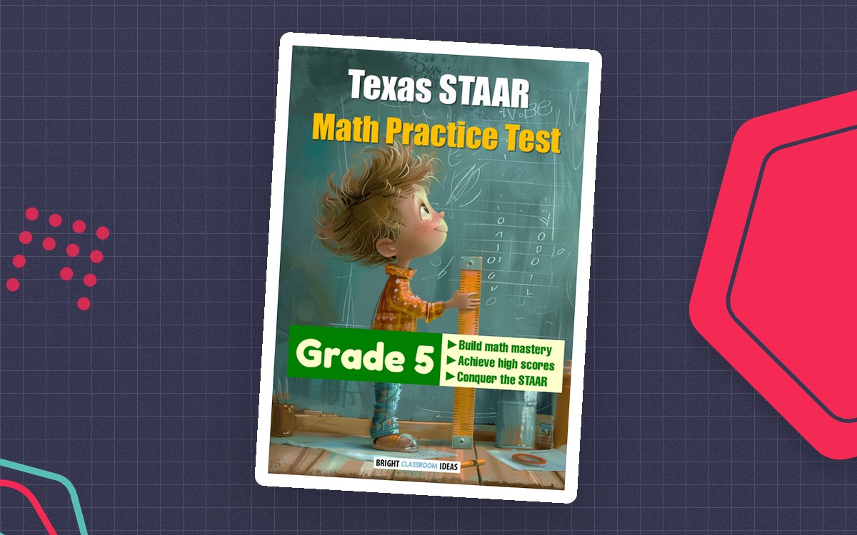 Texas STAAR Math Practice Test cover for grade 5 with a student at a chalkboard.