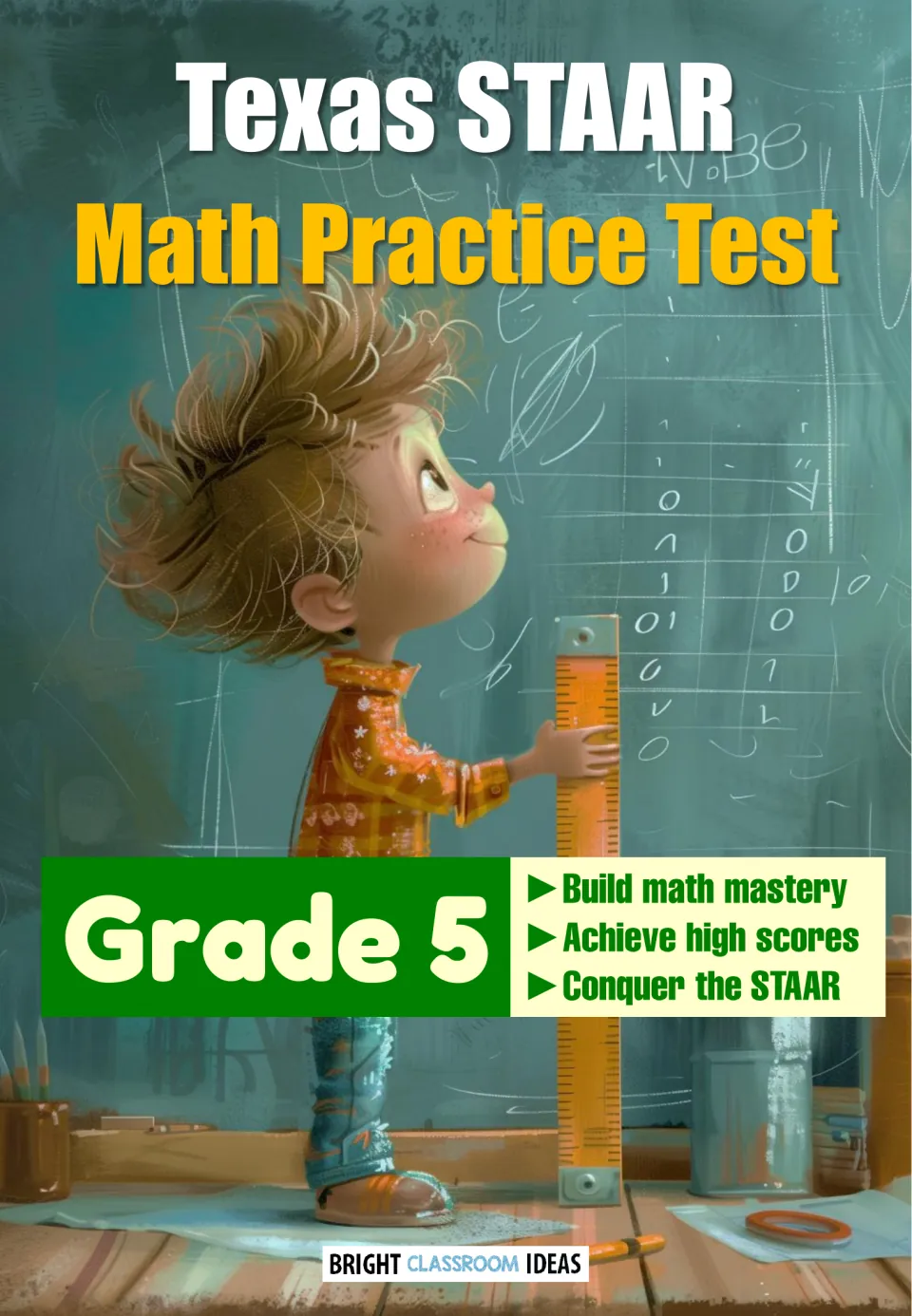 Cover: Texas STAAR math practice test for Grade 5, a boy holding a tall ruler beside a chalkboard covered in numbers