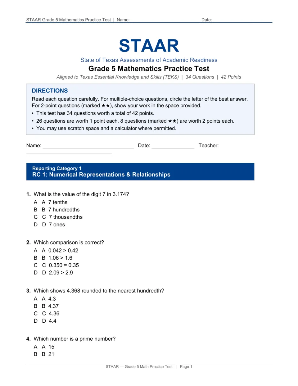 Test directions and place value questions: students find digit value, compare decimals, round to hundredths, spot primes