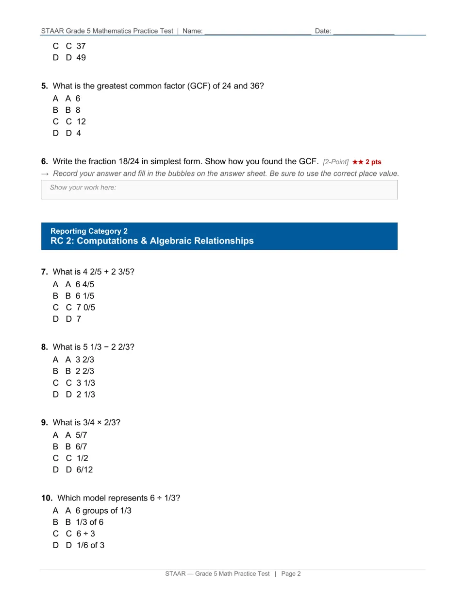 GCF, fractions and mixed numbers: students simplify 18/24, add and subtract mixed numbers, multiply and divide fractions