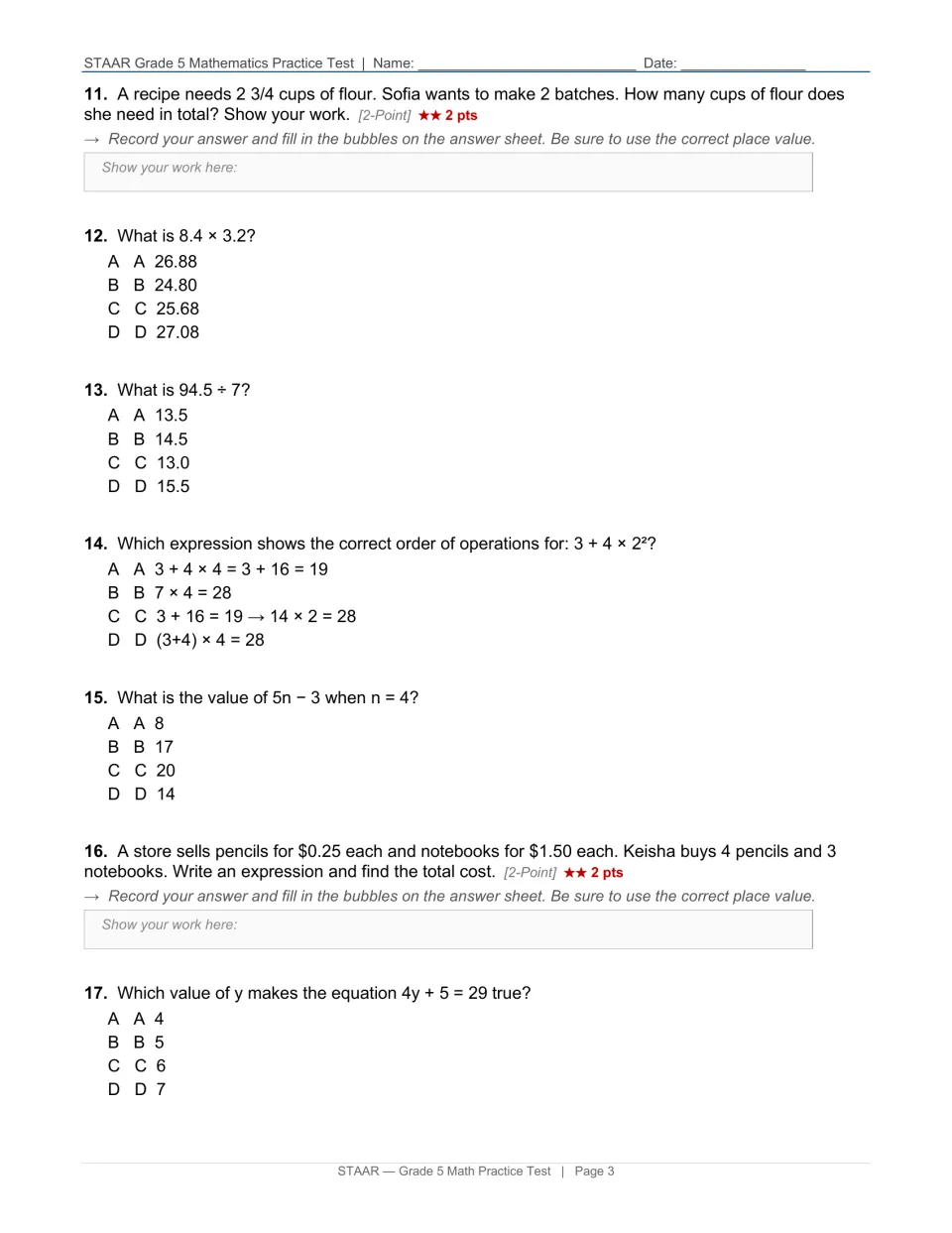 Decimal operations and expressions: students multiply and divide decimals, apply order of operations, solve 4y + 5 = 29