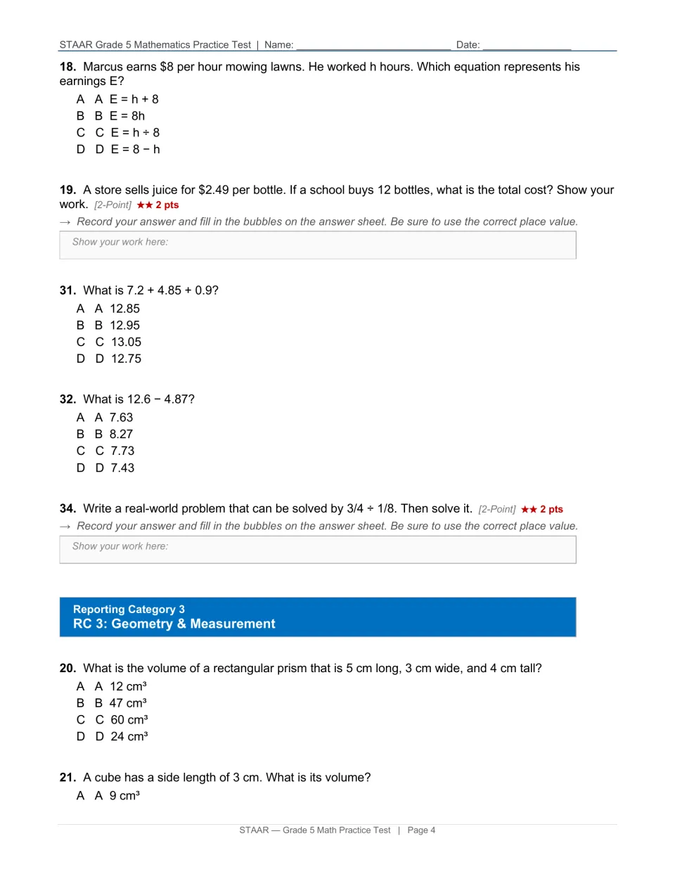 Equations, decimal sums and volume: students pick E = 8h, add and subtract decimals, find a rectangular prism's volume