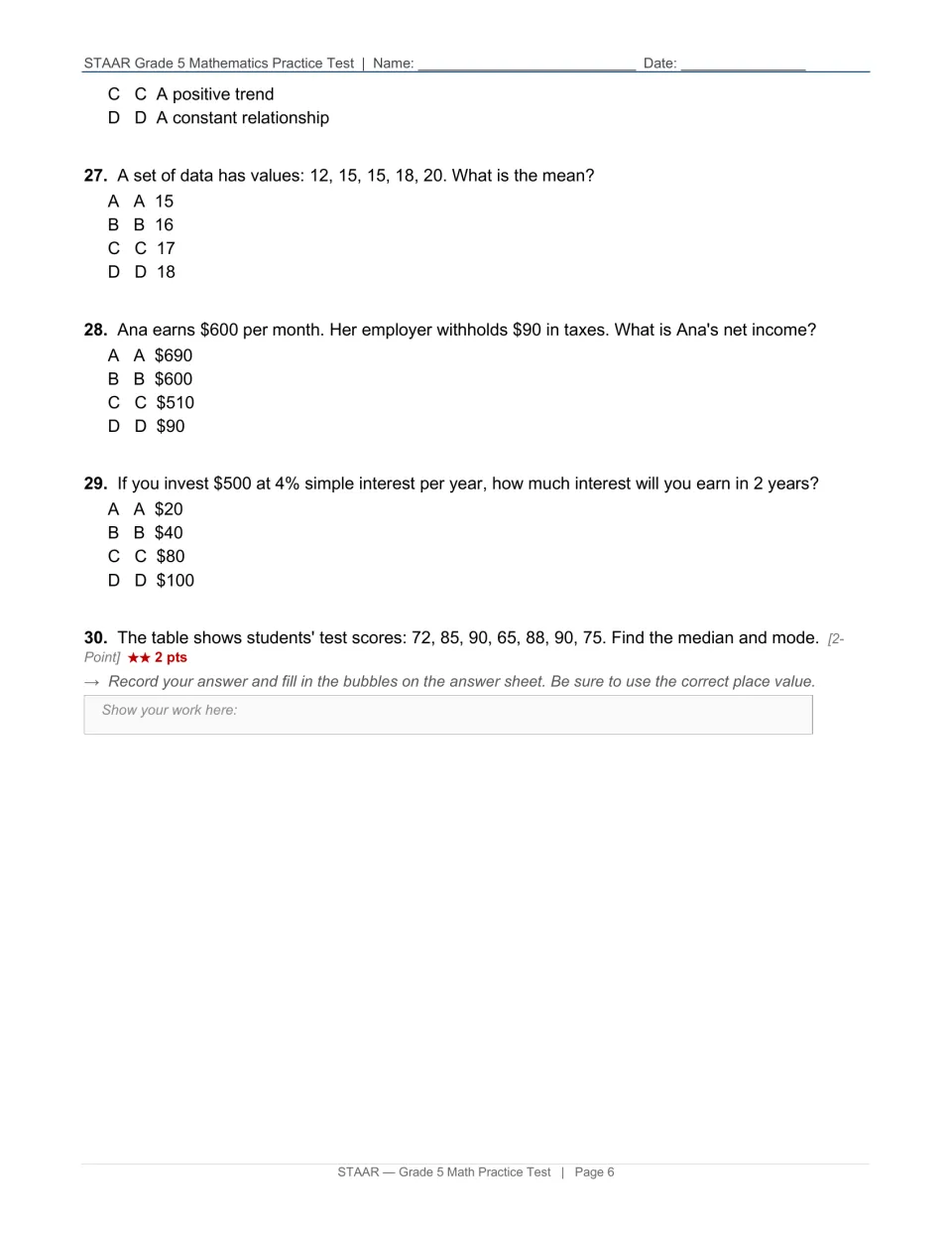 Data and financial literacy: students find mean, median and mode, net income after taxes and simple interest earned