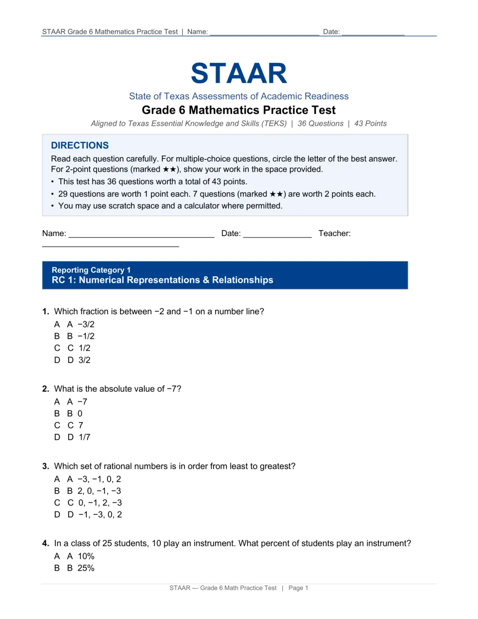 STAAR test opener: directions for 36 questions, then RC 1 items on a number line, absolute value, ordering and percent