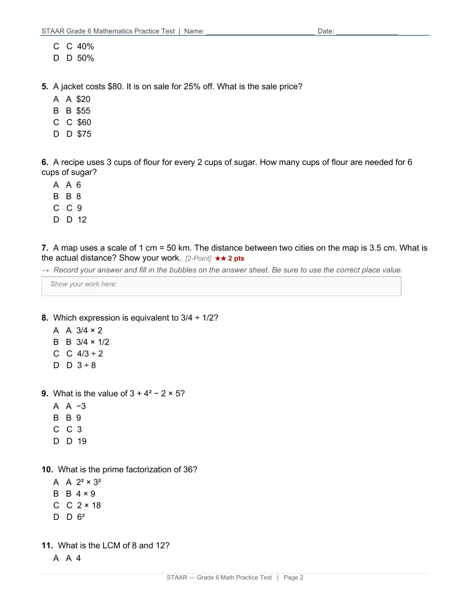 Percents, ratios and number sense: students find a sale price, scale a map distance, divide fractions and factor 36