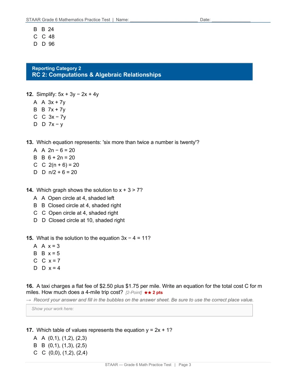 Algebra items for RC 2: students simplify expressions, turn words into equations, solve 3x − 4 = 11 and model a taxi fare