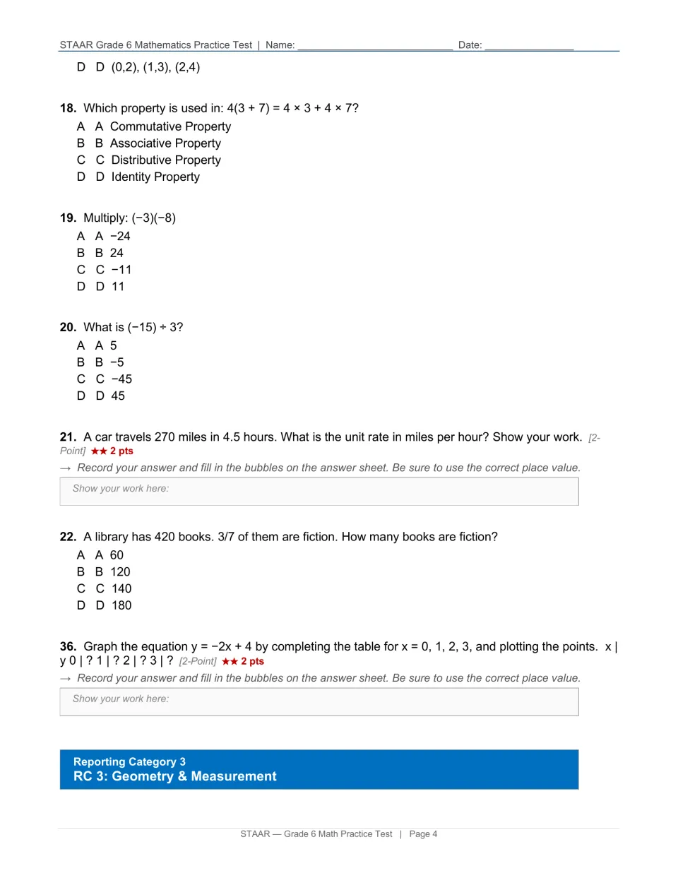 Integer operations and rates: students name the distributive property, multiply and divide negatives and graph y = −2x + 4
