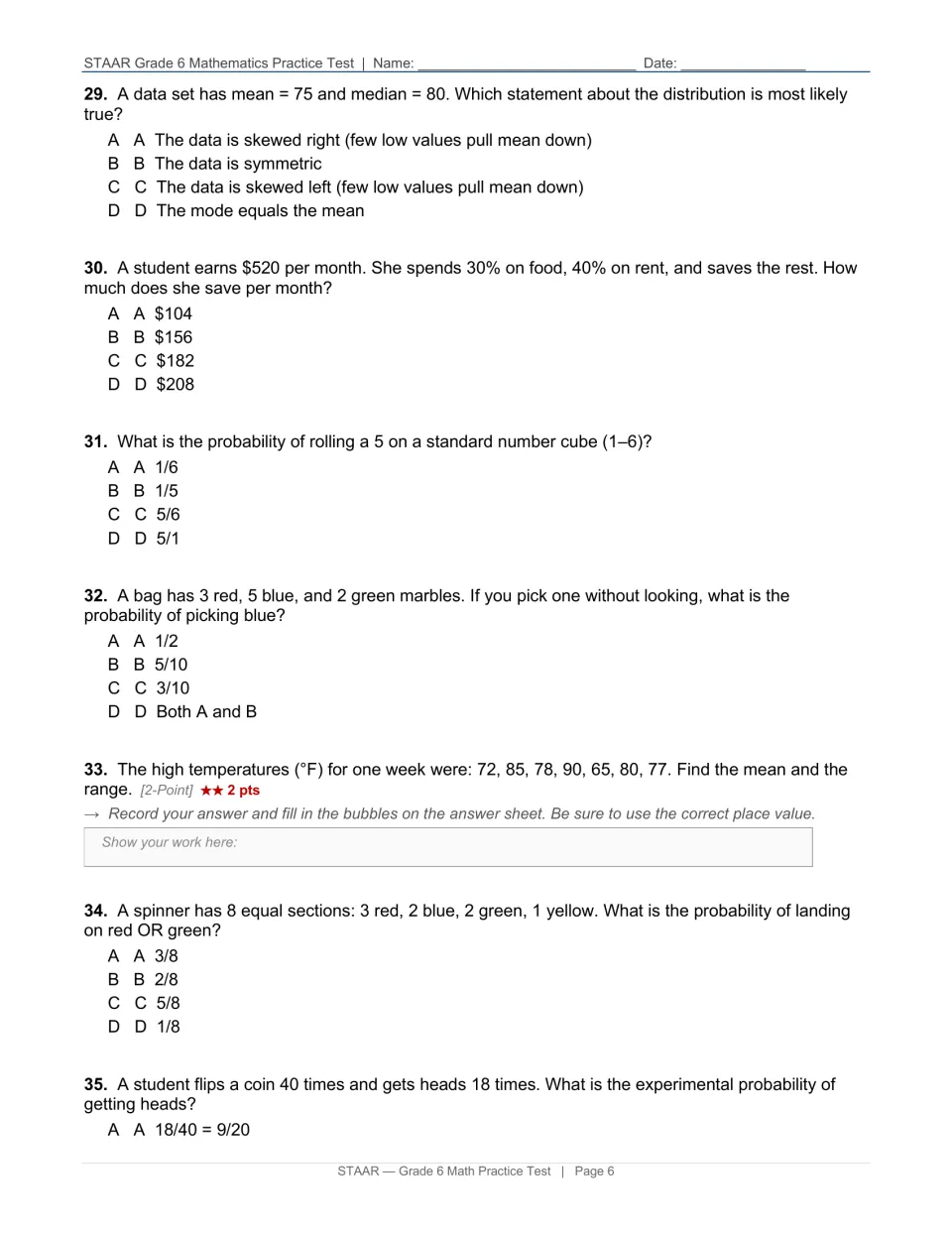 Data and financial literacy questions: students judge skew, compute monthly savings, find probabilities and a mean and range