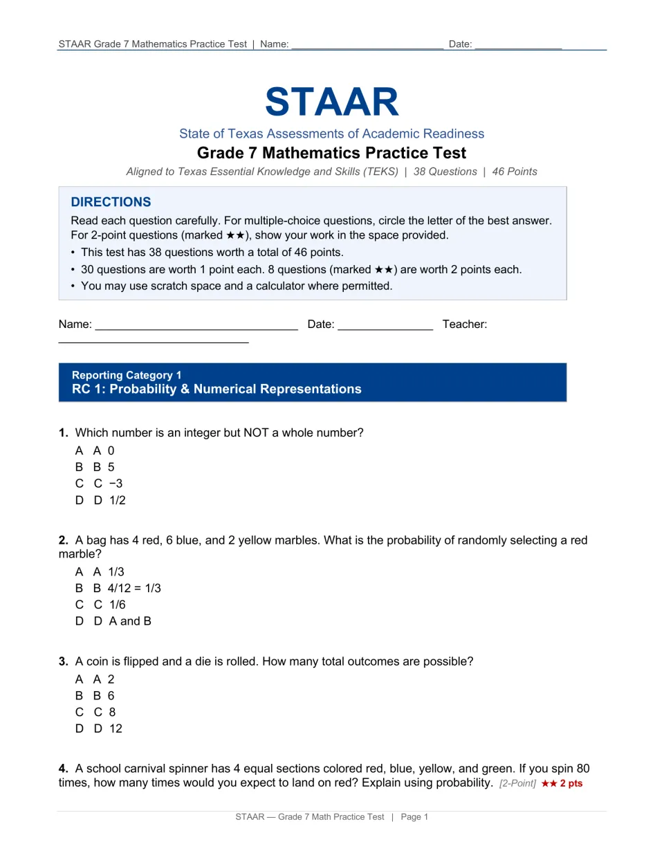 Test page 1: directions for 38 questions worth 46 points, plus questions 1–4 on integers and probability