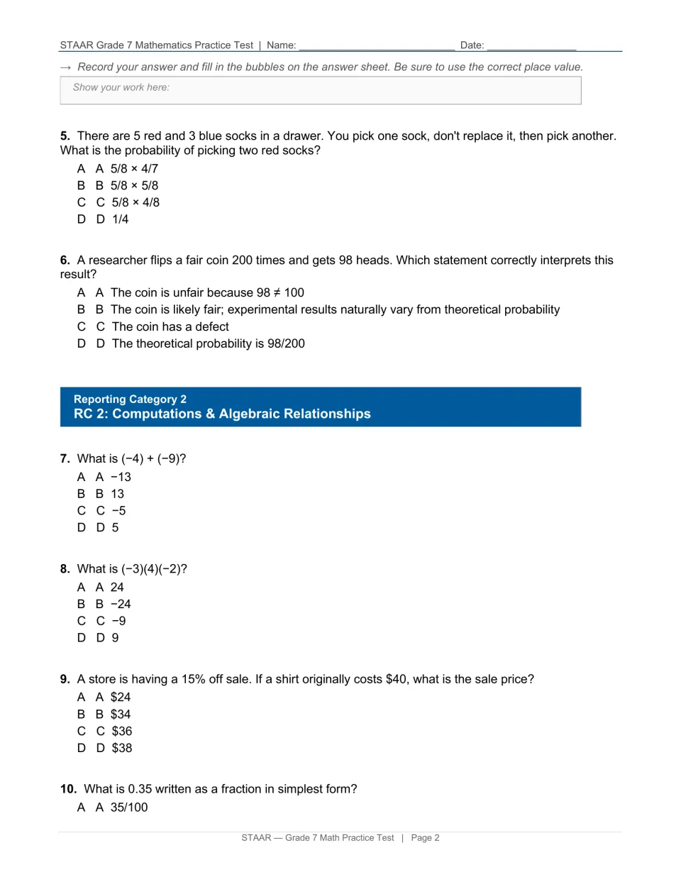 Test page 2: questions 5–10 on sock and coin probability, integer operations, a discount and a decimal