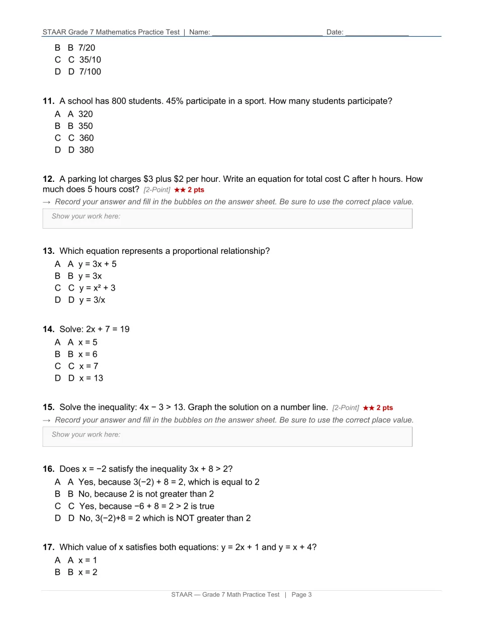 Test page 3: question 10 choices and questions 11–17 on percentages, equations and inequalities