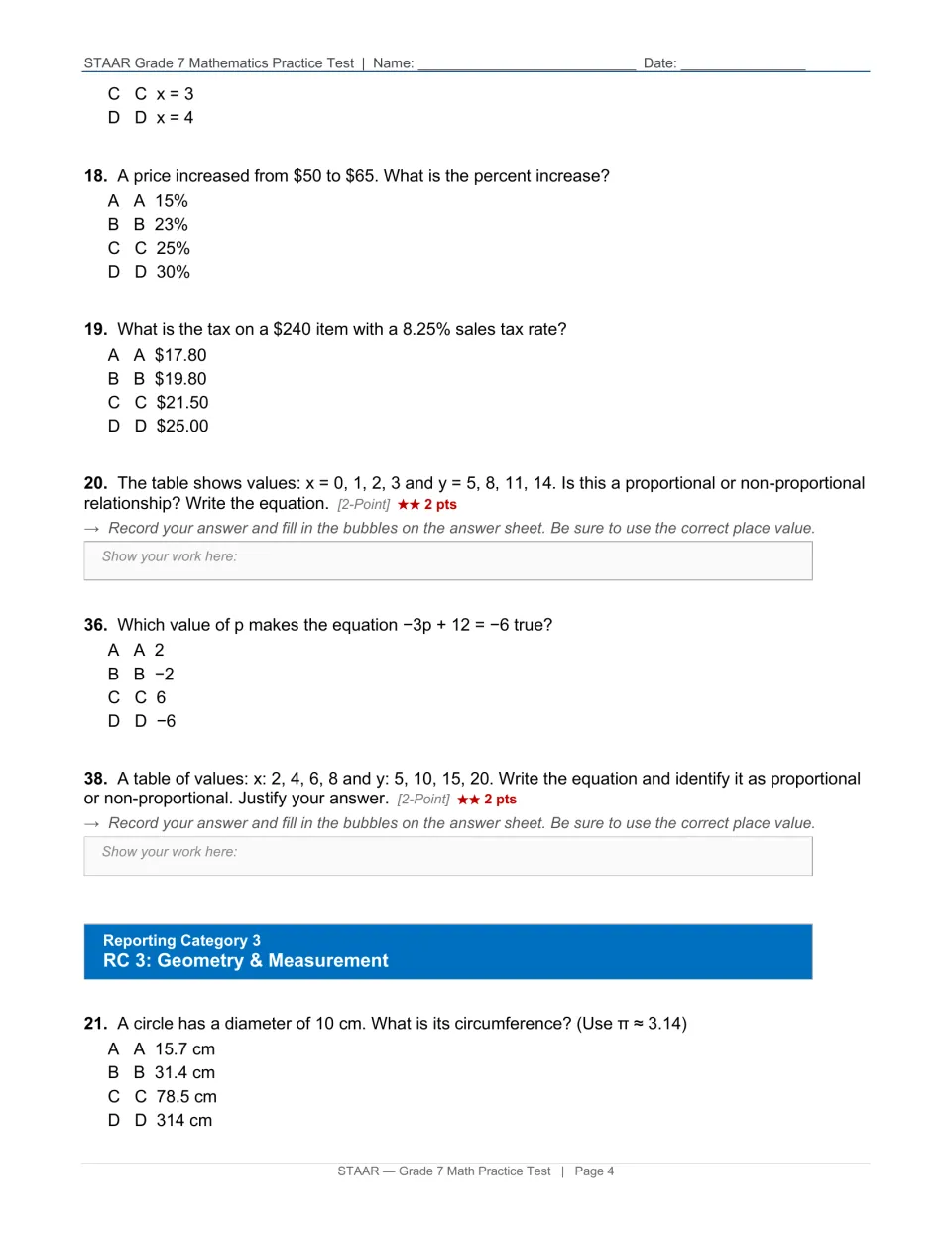 Test page 4: questions 18–20, 36, 38 and 21 cover percent change, sales tax, equations and circumference